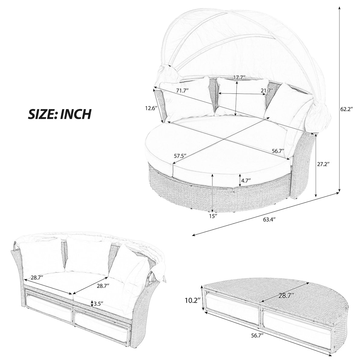 Outdoor Patio Double Sunbed 2-Seater Daybed Sofa w/Retractable Canopy