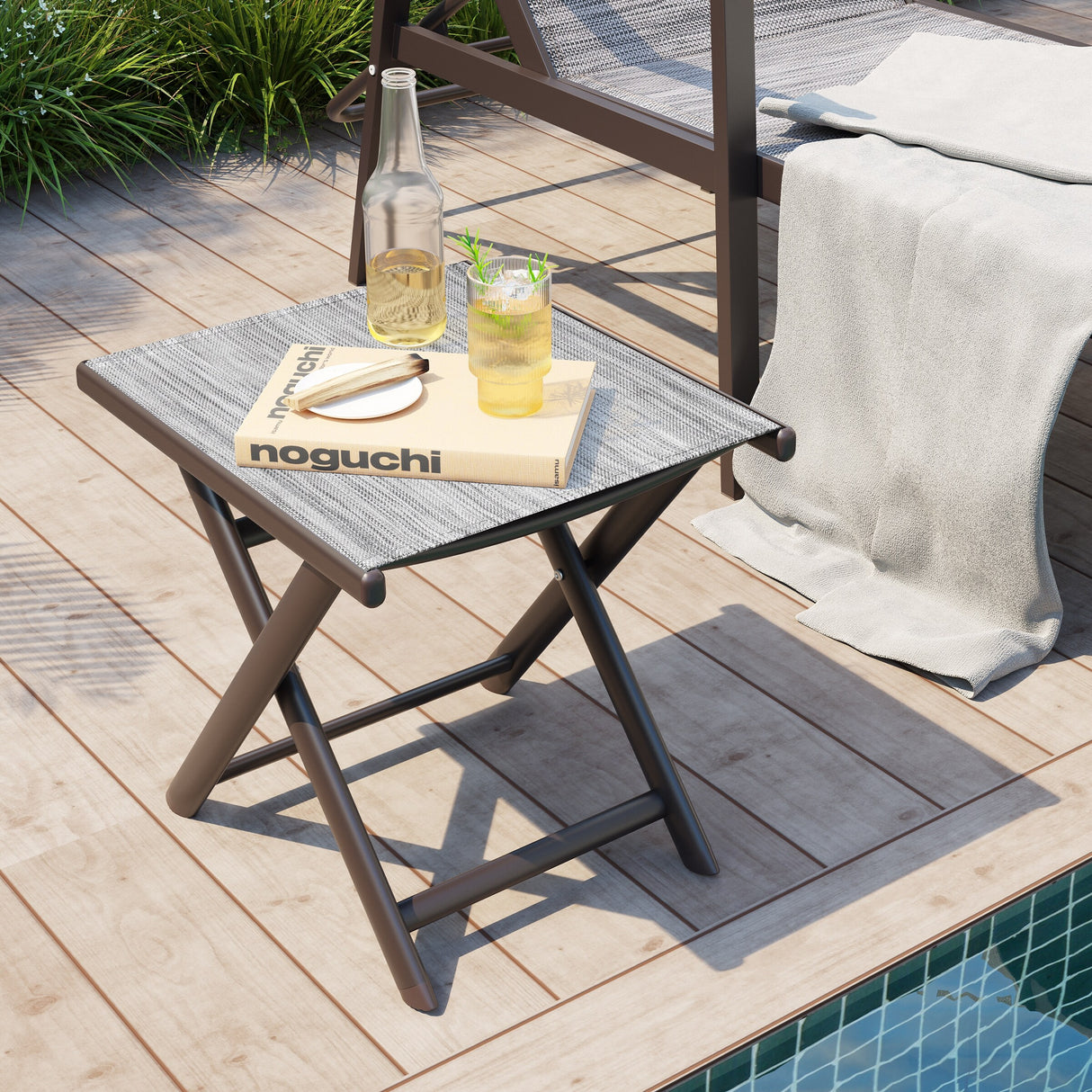 Outdoor Patio Folding Side Table Ottoman Camping End Table Plant Stand - 14.8in W x 17.1in L x 16.3in H