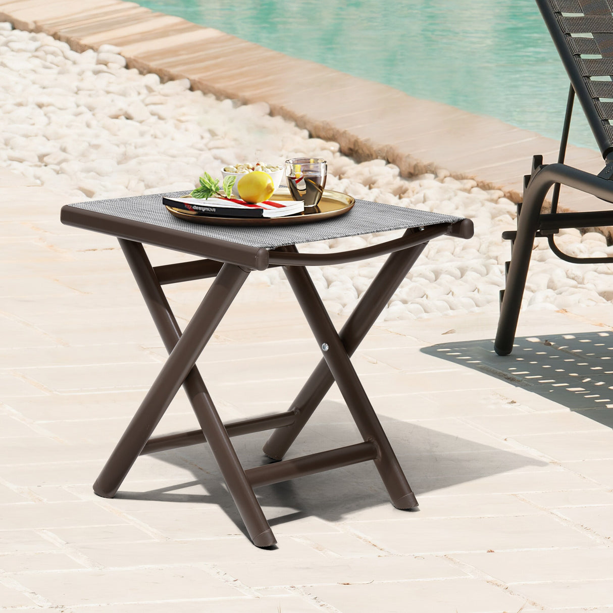 Outdoor Patio Folding Side Table Ottoman Camping End Table Plant Stand - 14.8in W x 17.1in L x 16.3in H