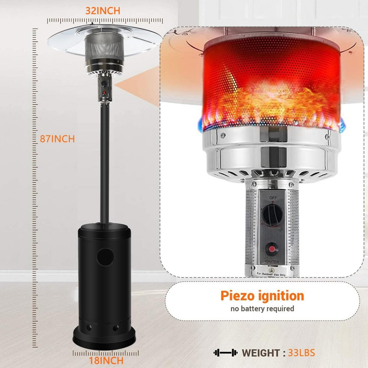 Outdoor Patio Heater With Wheels,Propane 46,000 BTU