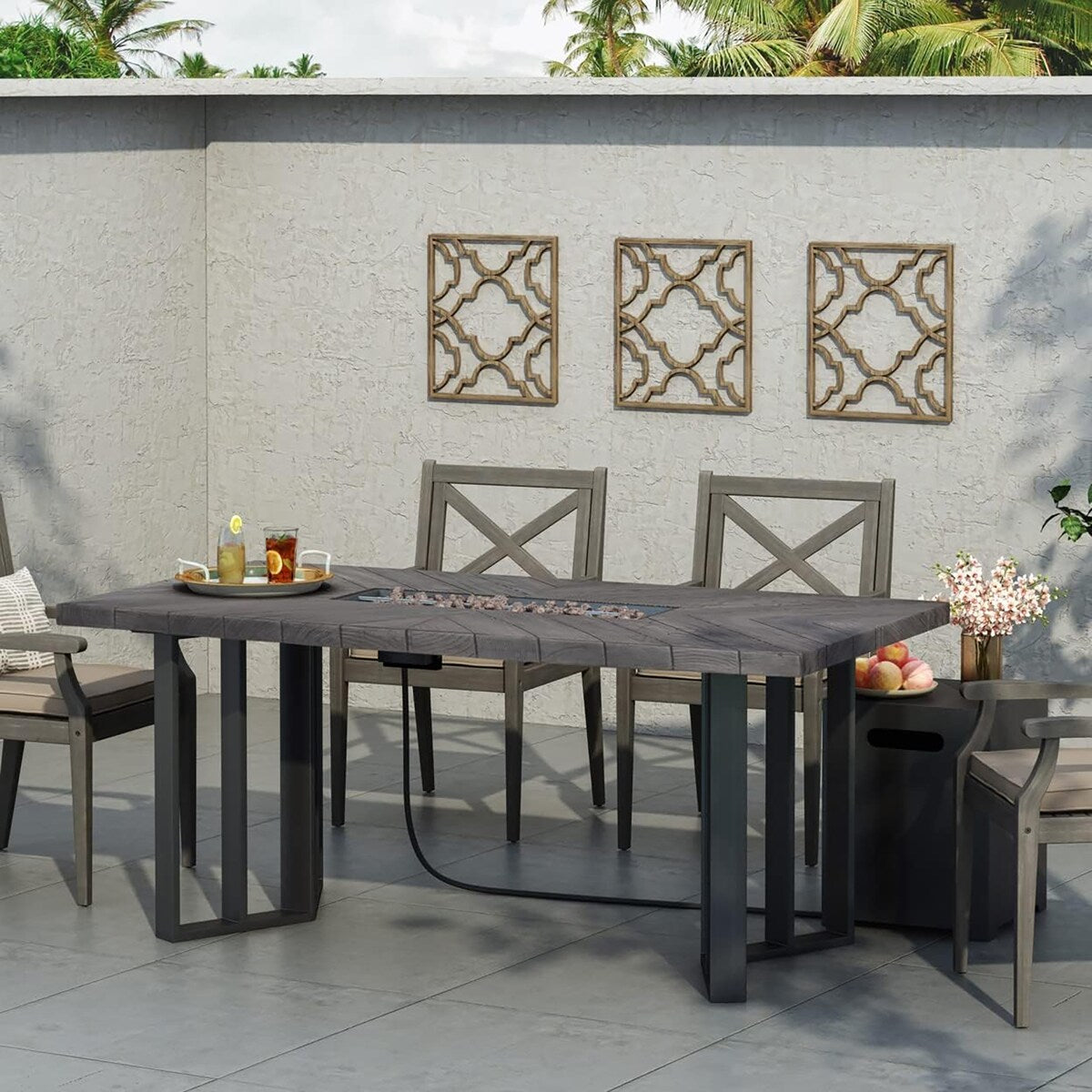 Rectangle Outdoor Patio Propane Fire Pit Concrete Wood-Pattern Fire Table