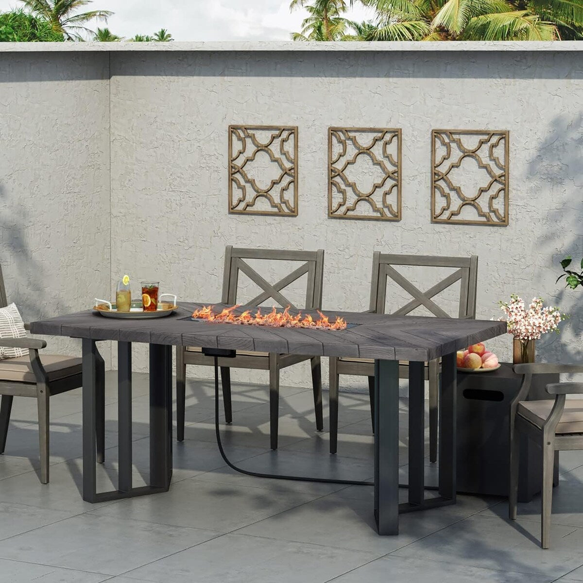 Rectangle Outdoor Patio Propane Fire Pit Concrete Wood-Pattern Fire Table