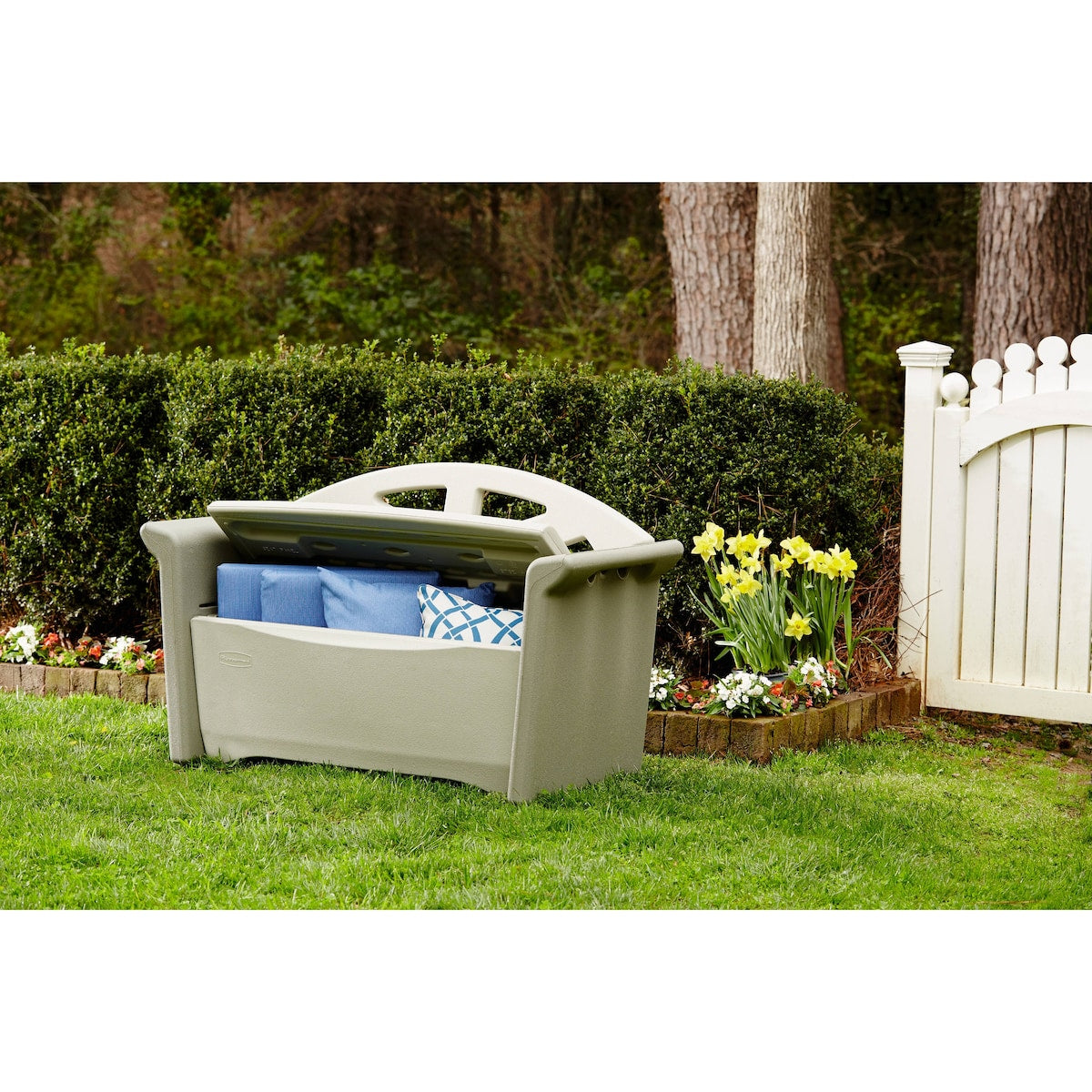 Outdoor Patio Storage Bench, Resin, Olive & Sandstone