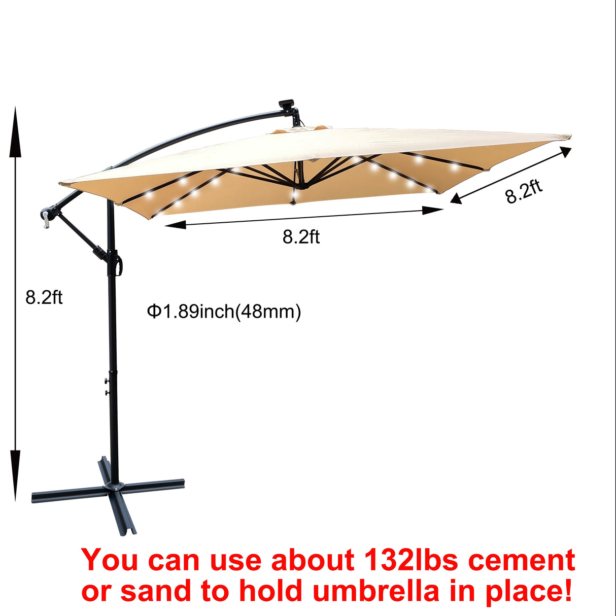 Outdoor Market Umbrella with Base and Solar Powered LED Lights