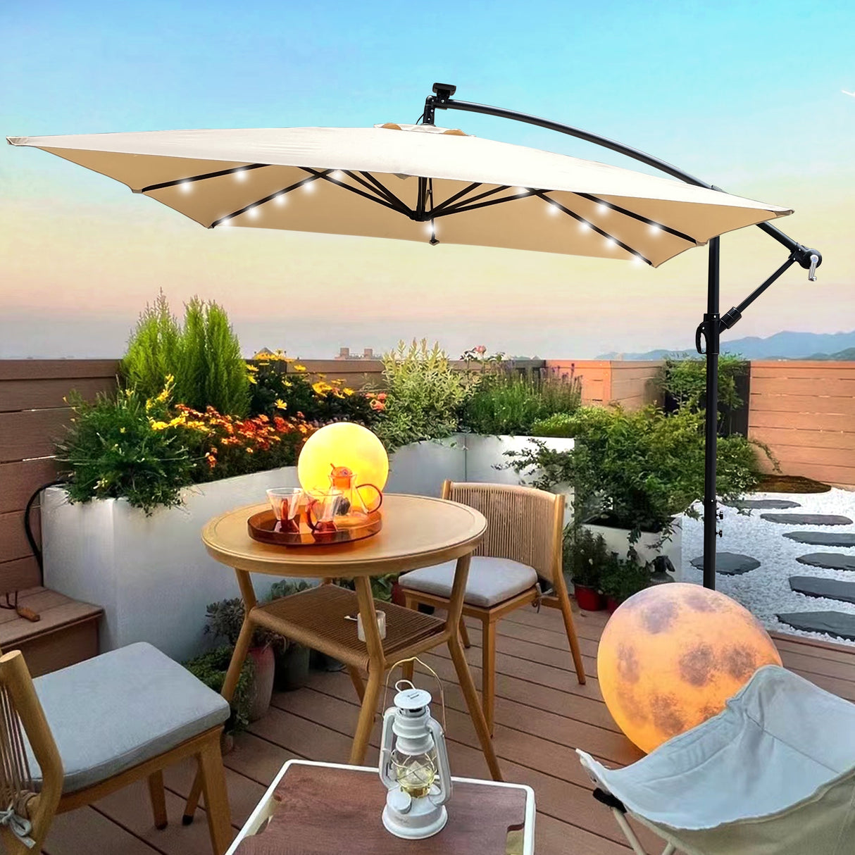 Outdoor Market Umbrella with Base and Solar Powered LED Lights