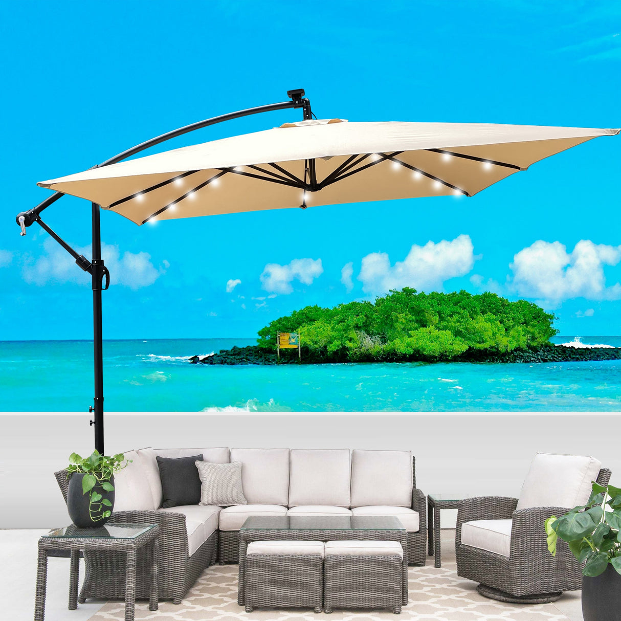 Outdoor Market Umbrella with Base and Solar Powered LED Lights