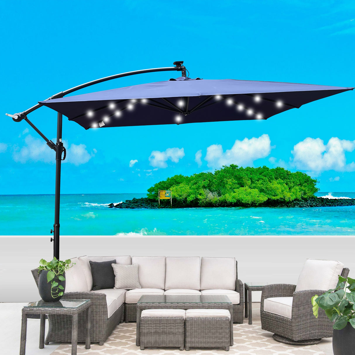 Outdoor Market Umbrella with Base and Solar Powered LED Lights
