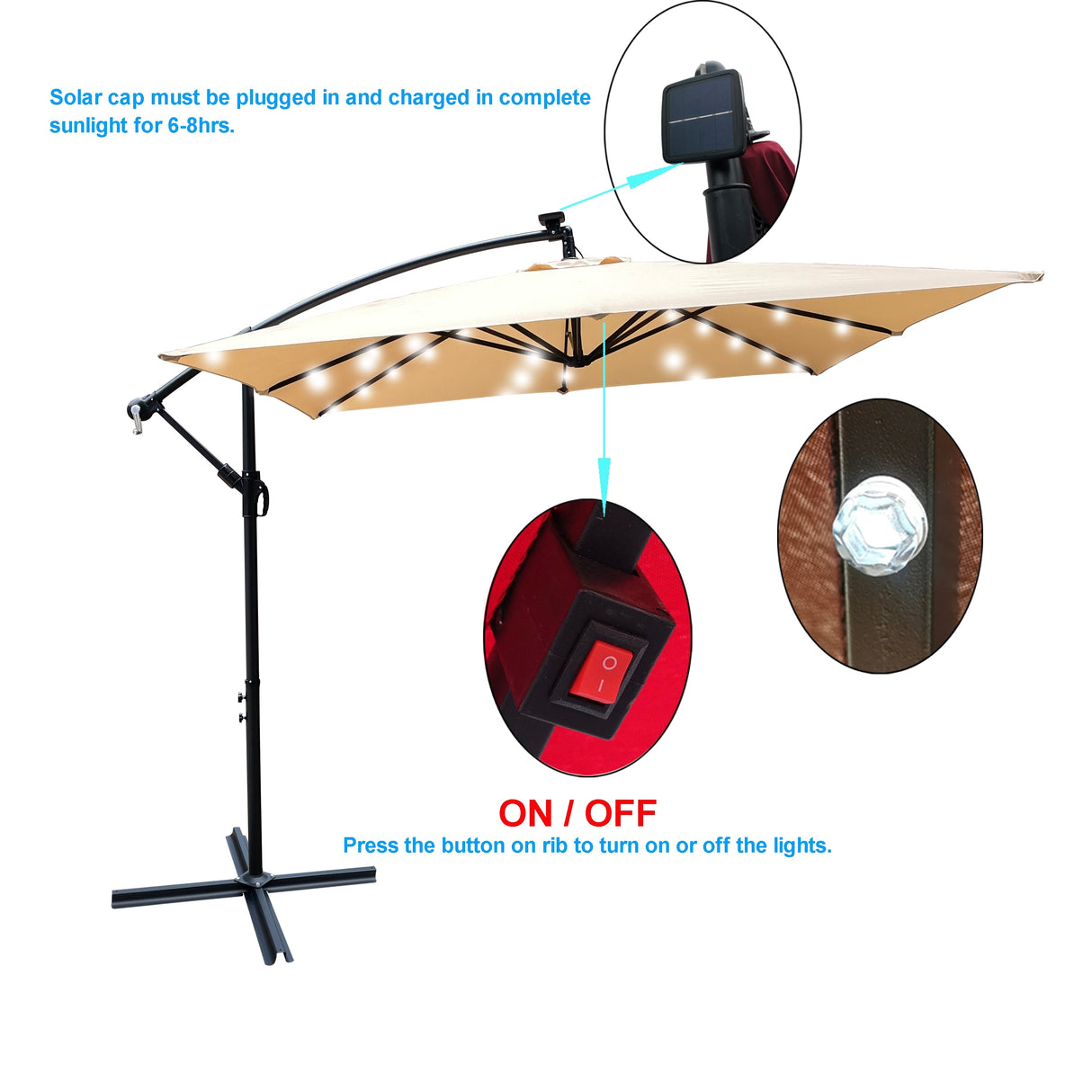 Outdoor Market Umbrella with Base and Solar Powered LED Lights