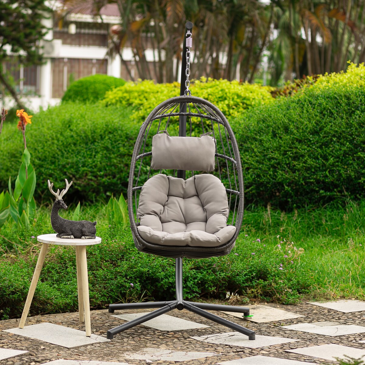 Outdoor Patio Wicker Hanging Chair Swing Chair Patio Egg Chair UV Resistant Grey Cushion Chair with Aluminum Frame