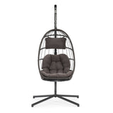 Outdoor Patio Wicker Hanging Chair Swing Chair Patio Egg Chair UV Resistant Grey Cushion Chair with Aluminum Frame