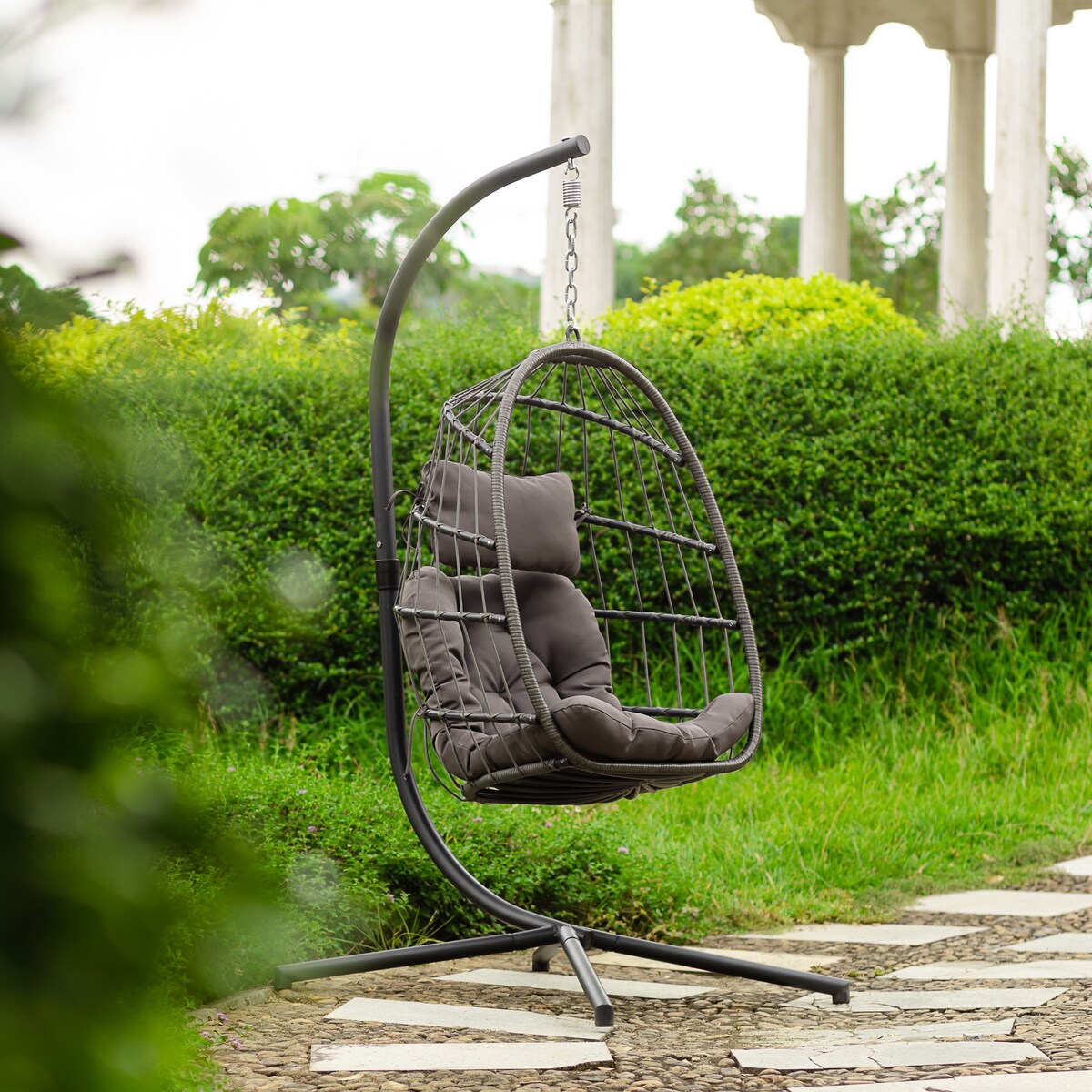 Outdoor Patio Wicker Hanging Chair Swing Chair Patio Egg Chair UV Resistant Grey Cushion Chair with Aluminum Frame