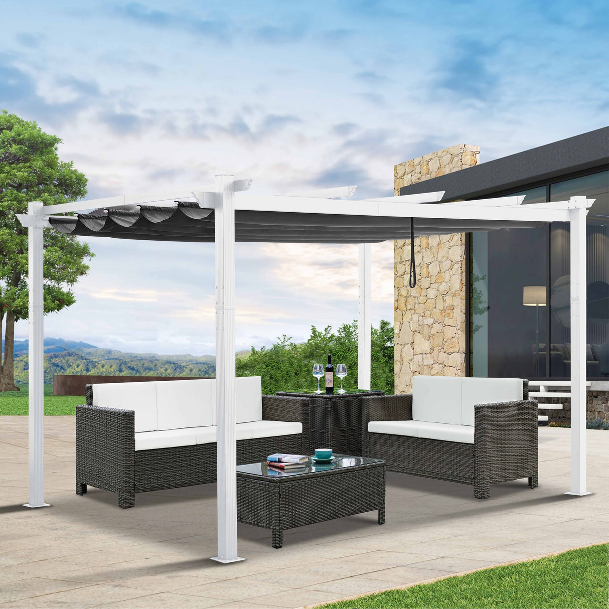 Outdoor Pergola with Retractable Canopy Cover, Pavilion Grill Gazebo