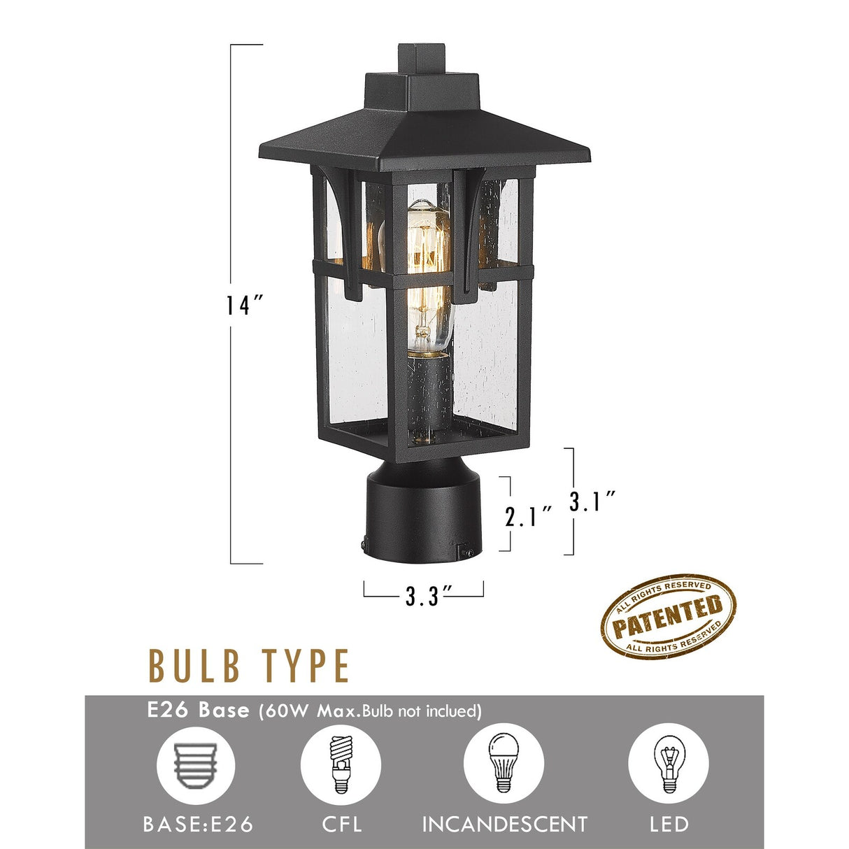 JAZAVA Outdoor Post Light, Outdoor Pole Lantern Pillar Light Fixture with Seeded Glass Shade, Matte Black Finish