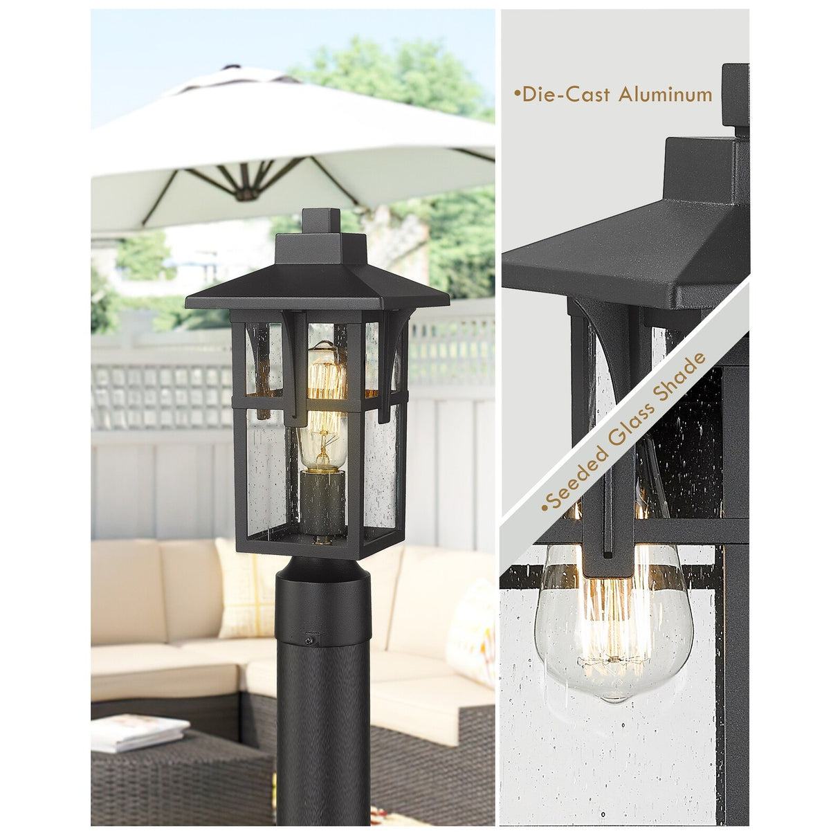 JAZAVA Outdoor Post Light, Outdoor Pole Lantern Pillar Light Fixture with Seeded Glass Shade, Matte Black Finish