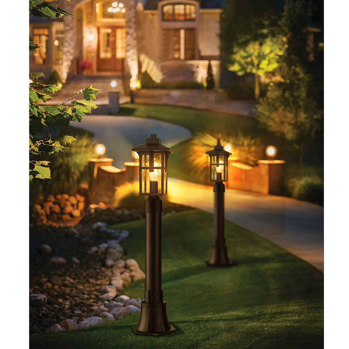JAZAVA Outdoor Post Light, Outdoor Pole Lantern Pillar Light Fixture with Seeded Glass Shade, Matte Black Finish