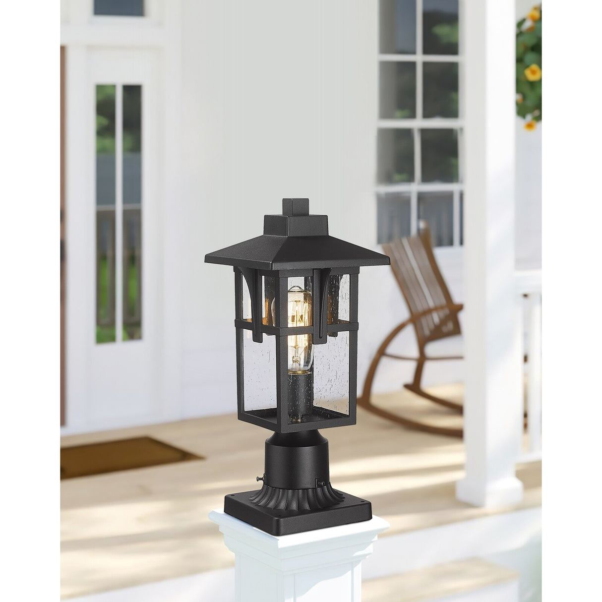 JAZAVA Outdoor Post Light, Outdoor Pole Lantern Pillar Light Fixture with Seeded Glass Shade, Matte Black Finish