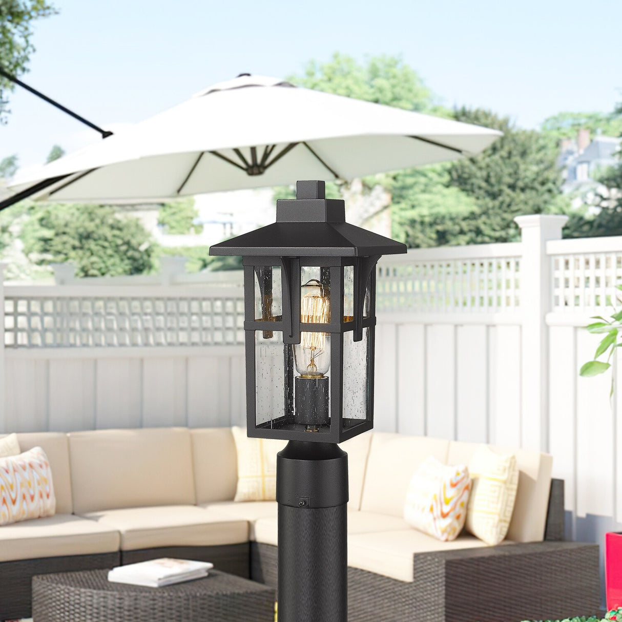 JAZAVA Outdoor Post Light, Outdoor Pole Lantern Pillar Light Fixture with Seeded Glass Shade, Matte Black Finish