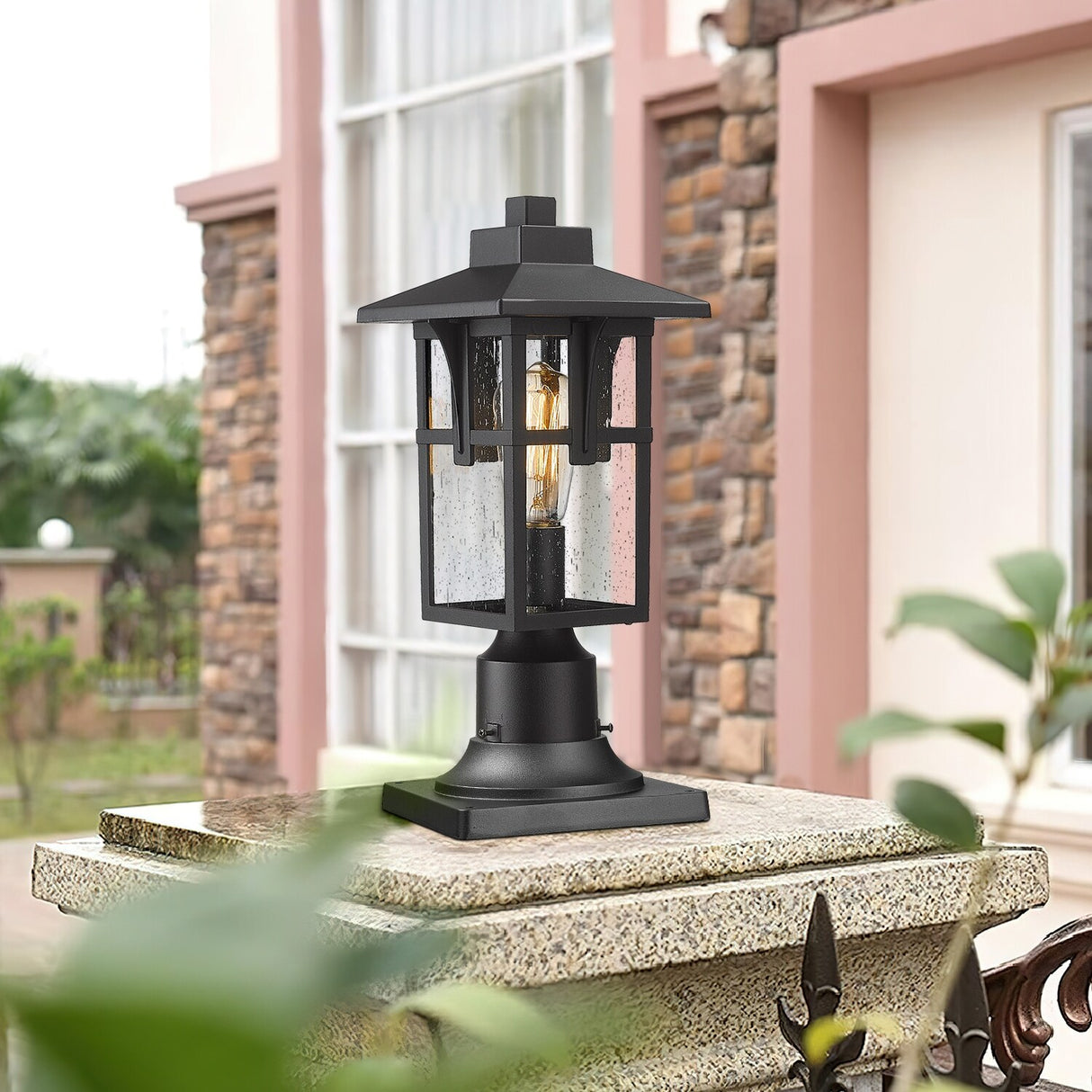 JAZAVA Outdoor Post Light, Outdoor Pole Lantern Pillar Light Fixture with Seeded Glass Shade, Matte Black Finish