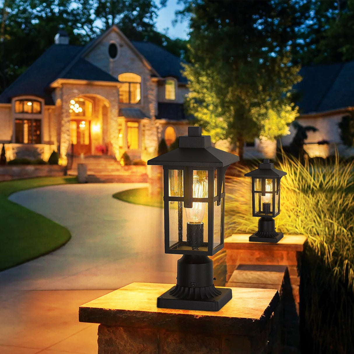 JAZAVA Outdoor Post Light, Outdoor Pole Lantern Pillar Light Fixture with Seeded Glass Shade, Matte Black Finish