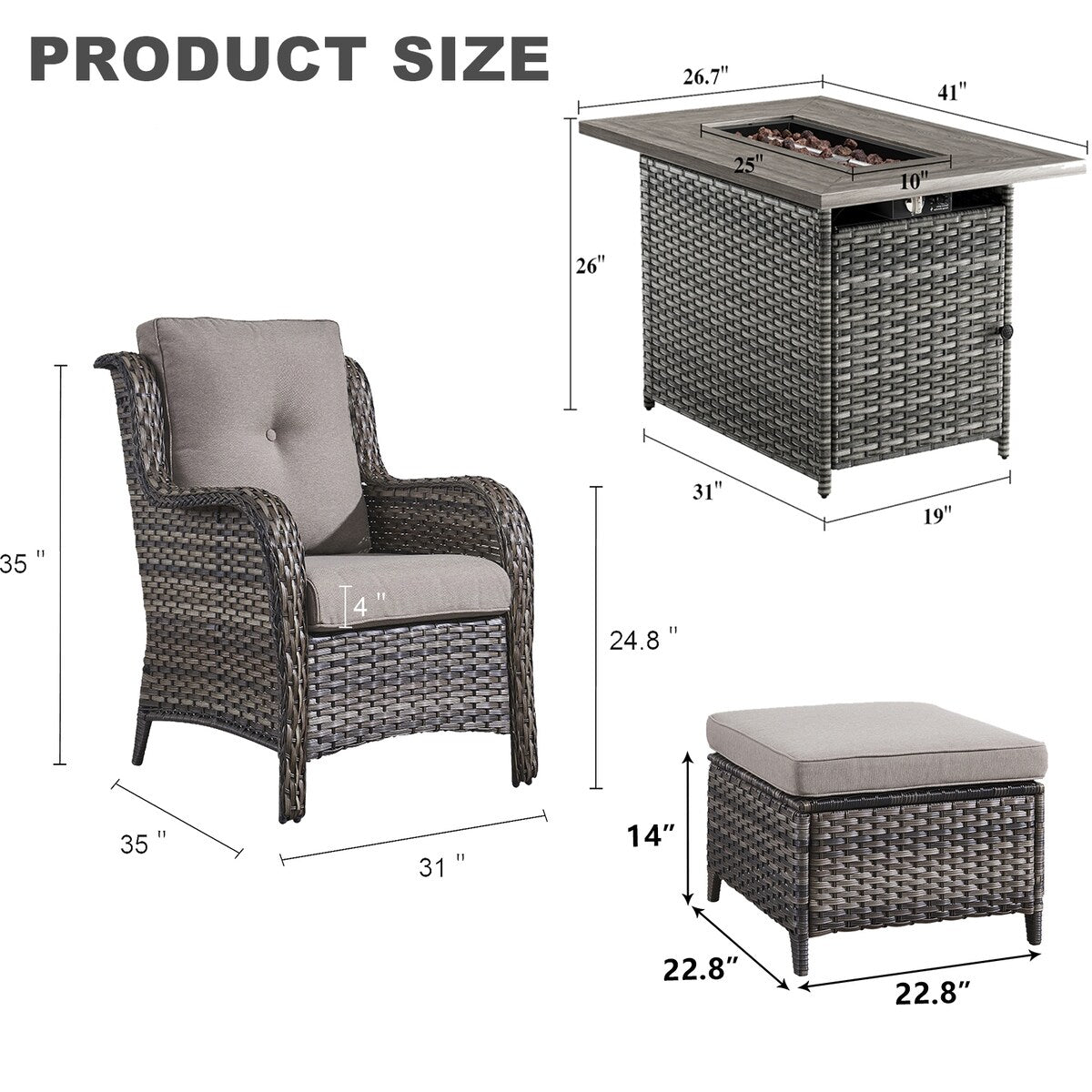 Outdoor Rattan Chair Ottoman Set with Fire Pit Table - Grey