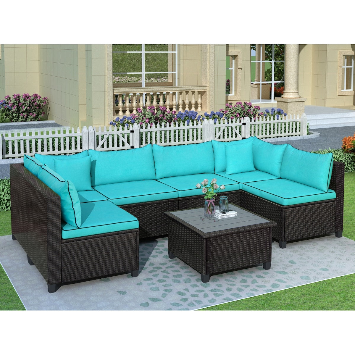Outdoor Rattan Wicker Sofa Set with Planked Coffee Table