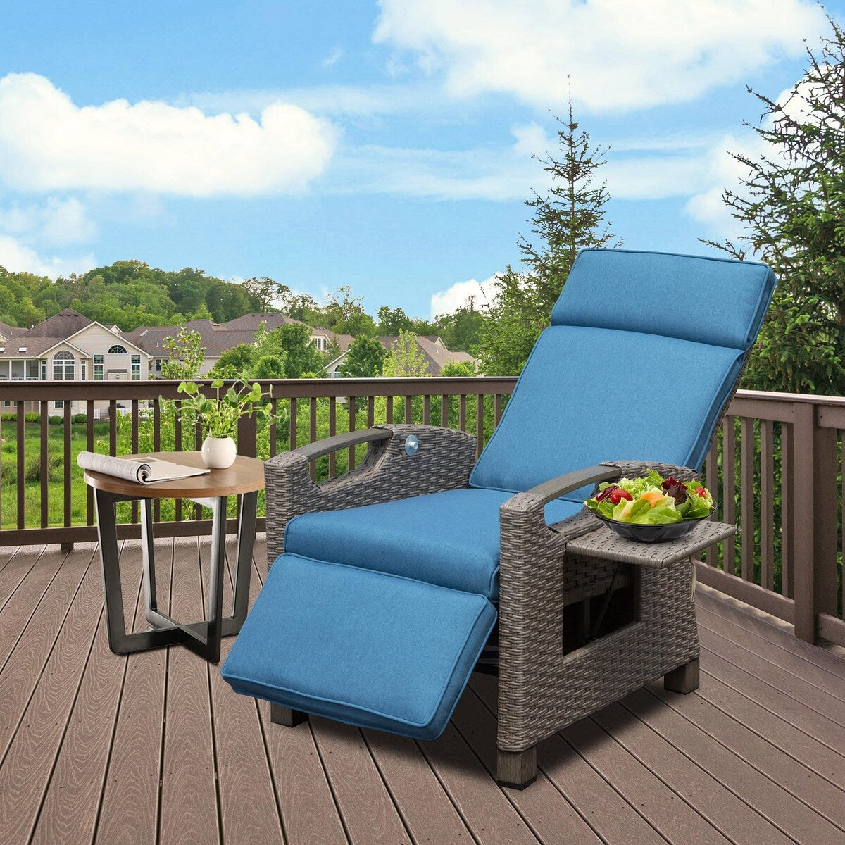 Outdoor Recliner Chair Patio Recliner with Hand Woven Wicker Flip Tabl