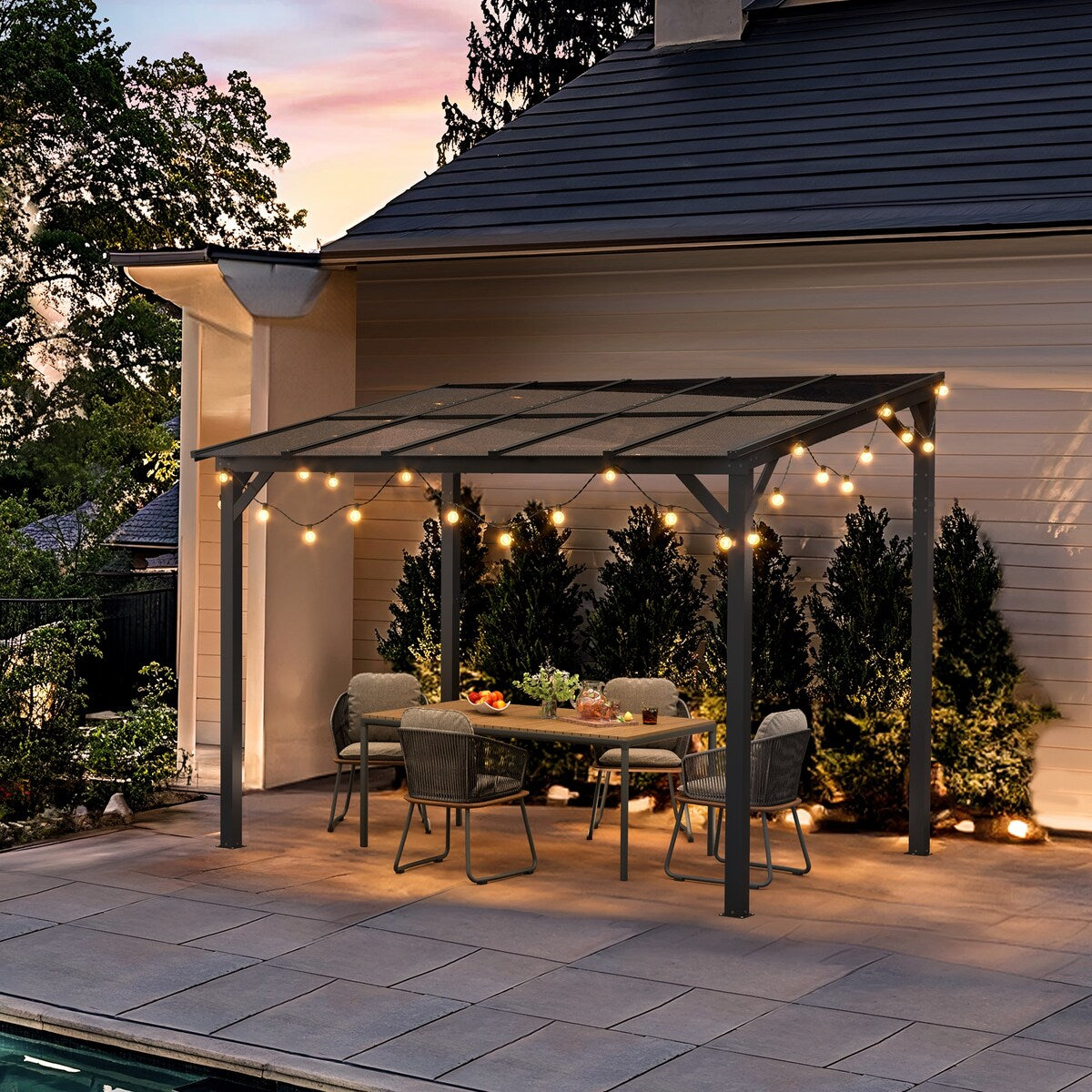 Outdoor Rectangle Wall Mounted Gazebo with Metal Frame Lean to Pergola Sunroom with Sloping Soft-Roof