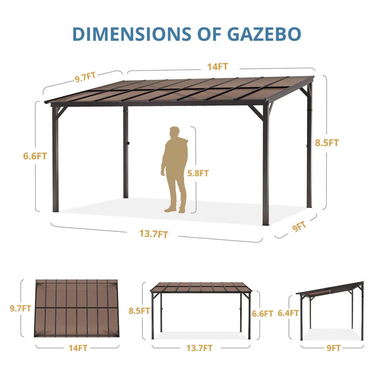 Outdoor Rectangle Wall Mounted Gazebo with Metal Frame Lean to Pergola Sunroom with Sloping Soft-Roof