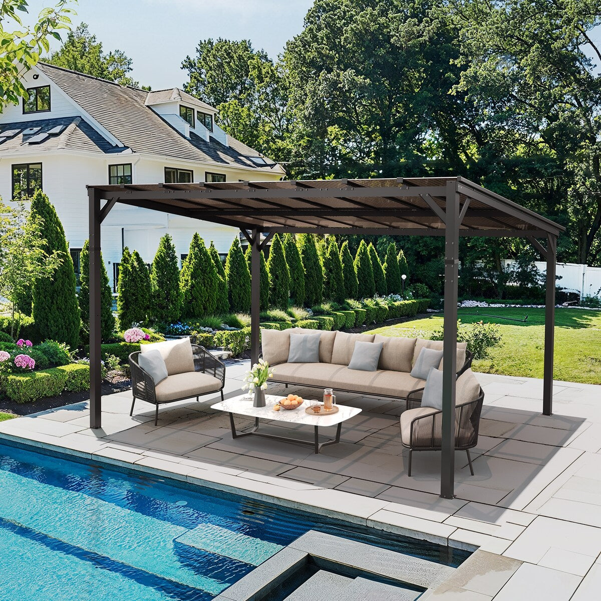 Outdoor Rectangle Wall Mounted Gazebo with Metal Frame Lean to Pergola Sunroom with Sloping Soft-Roof