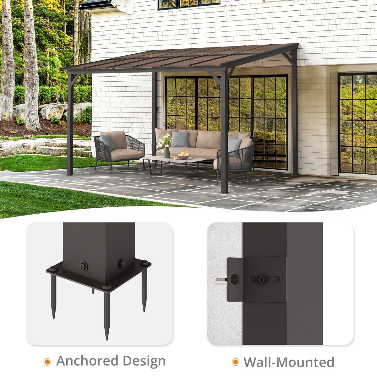 Outdoor Rectangle Wall Mounted Gazebo with Metal Frame Lean to Pergola Sunroom with Sloping Soft-Roof