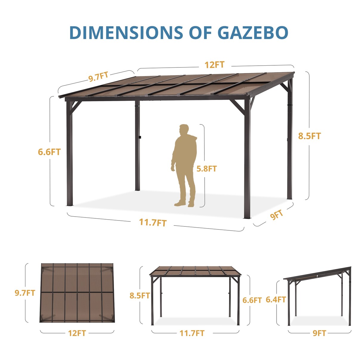 Outdoor Rectangle Wall Mounted Gazebo with Metal Frame Lean to Pergola Sunroom with Sloping Soft-Roof