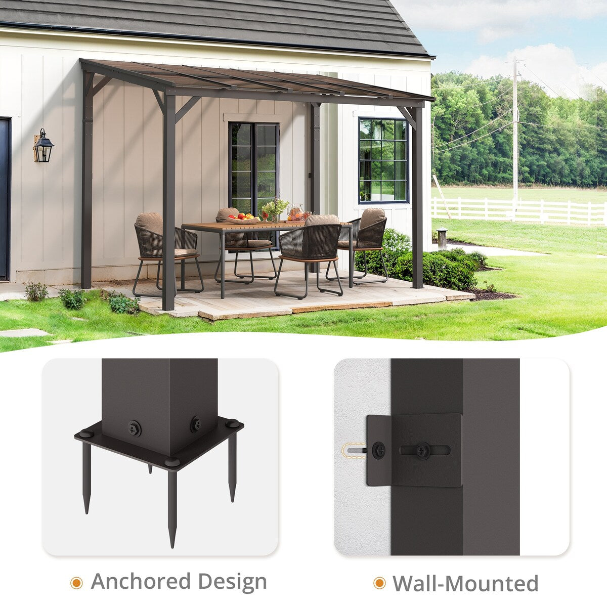 Outdoor Rectangle Wall Mounted Gazebo with Metal Frame Lean to Pergola Sunroom with Sloping Soft-Roof