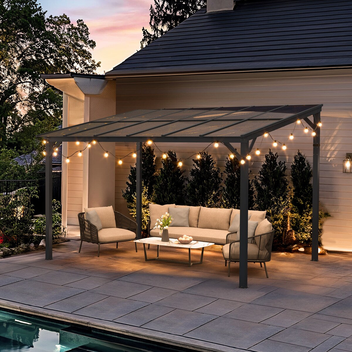 Outdoor Rectangle Wall Mounted Gazebo with Metal Frame Lean to Pergola Sunroom with Sloping Soft-Roof
