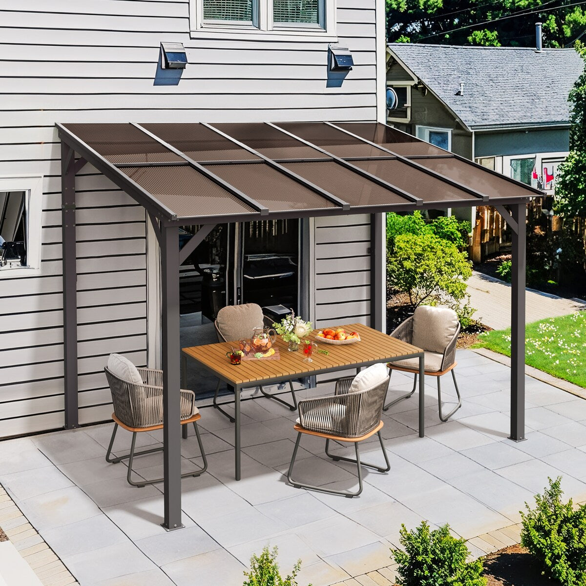 Outdoor Rectangle Wall Mounted Gazebo with Metal Frame Lean to Pergola Sunroom with Sloping Soft-Roof