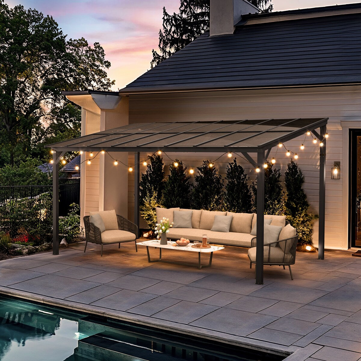 Outdoor Rectangle Wall Mounted Gazebo with Metal Frame Lean to Pergola Sunroom with Sloping Soft-Roof