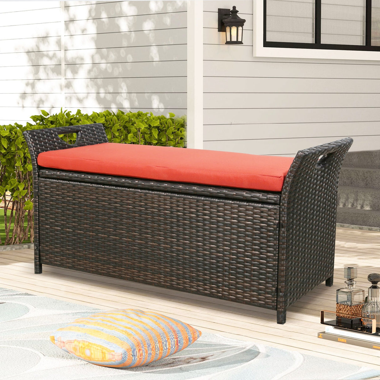 Outdoor Storage Bench Rattan Style Deck Box w/Cushion