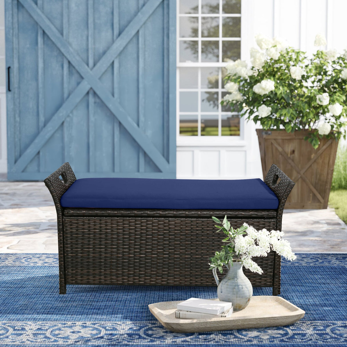 Outdoor Storage Bench Rattan Style Deck Box w/Cushion