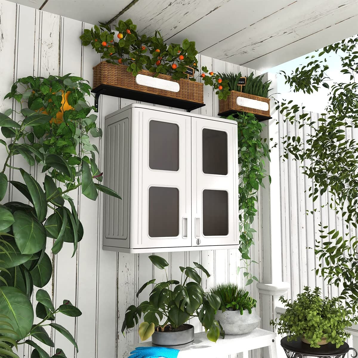 Outdoor Storage Cabinet Waterproof,Resin Garage and Laundry Room Wall Mounted Cabinets, Outdoor Box with Doors and Shelves