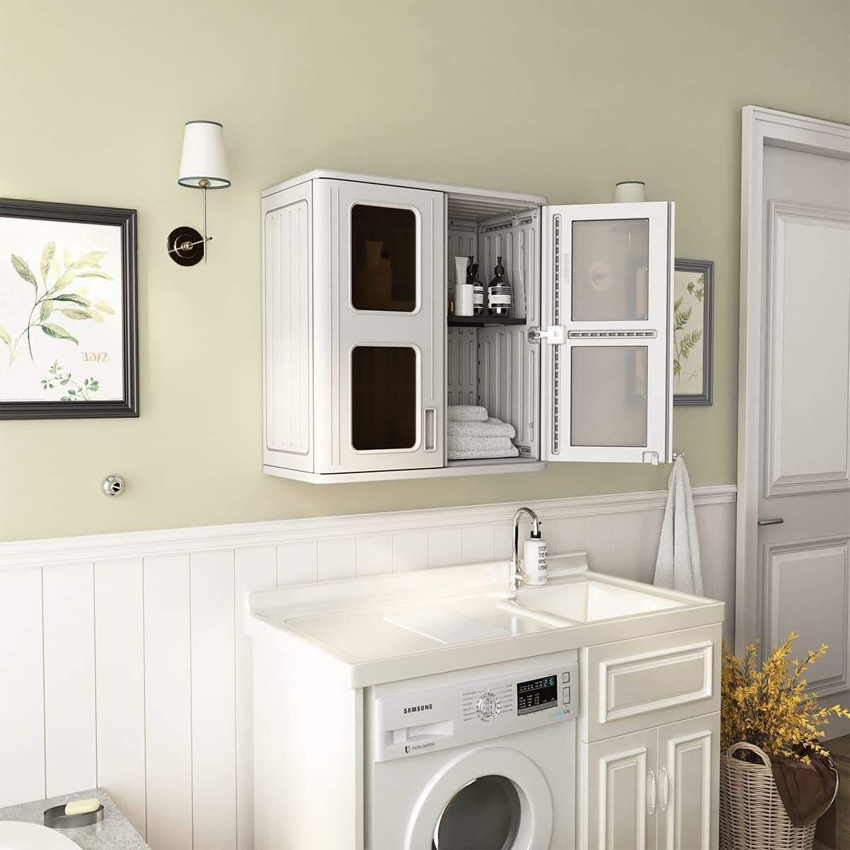 Outdoor Storage Cabinet Waterproof,Resin Garage and Laundry Room Wall Mounted Cabinets, Outdoor Box with Doors and Shelves