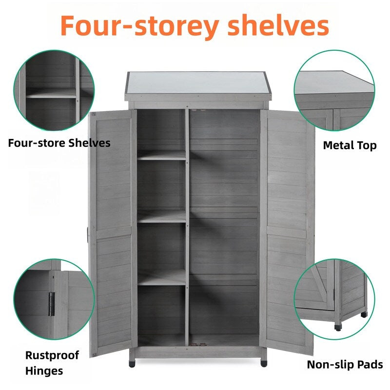 Outdoor Storage Cabinet and Metal Top,Garden Storage Shed,Outdoor Wood Tall Shed