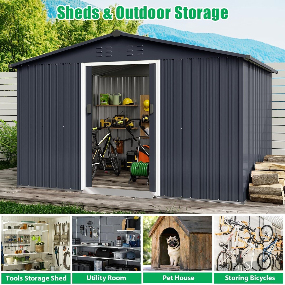 Outdoor Storage Shed, with Sloped Roof & Lockable Door