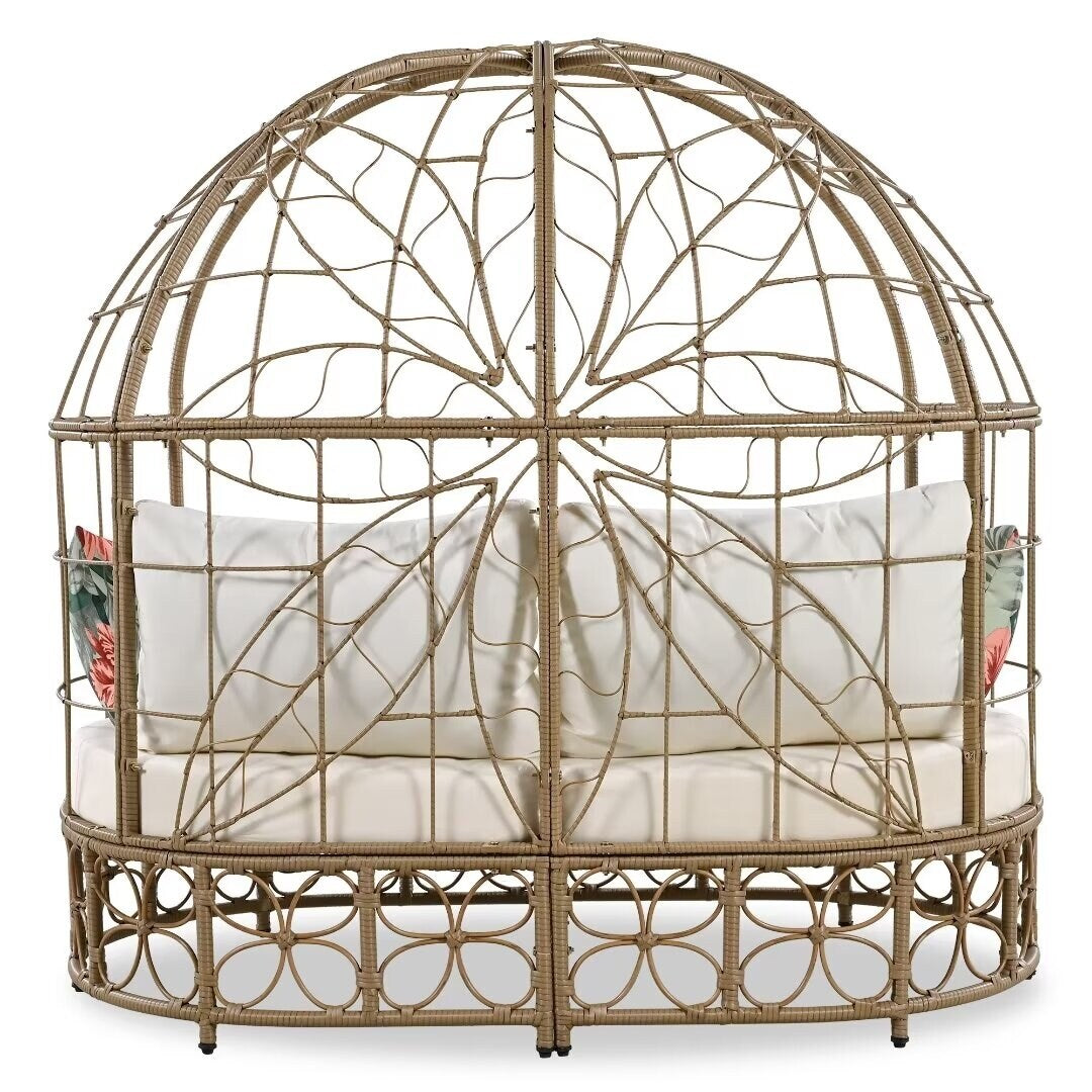 Outdoor Sunbed with Colorful Pillows,with Curtain,Natural Wicker - 59.8"*57.1"*33.5"