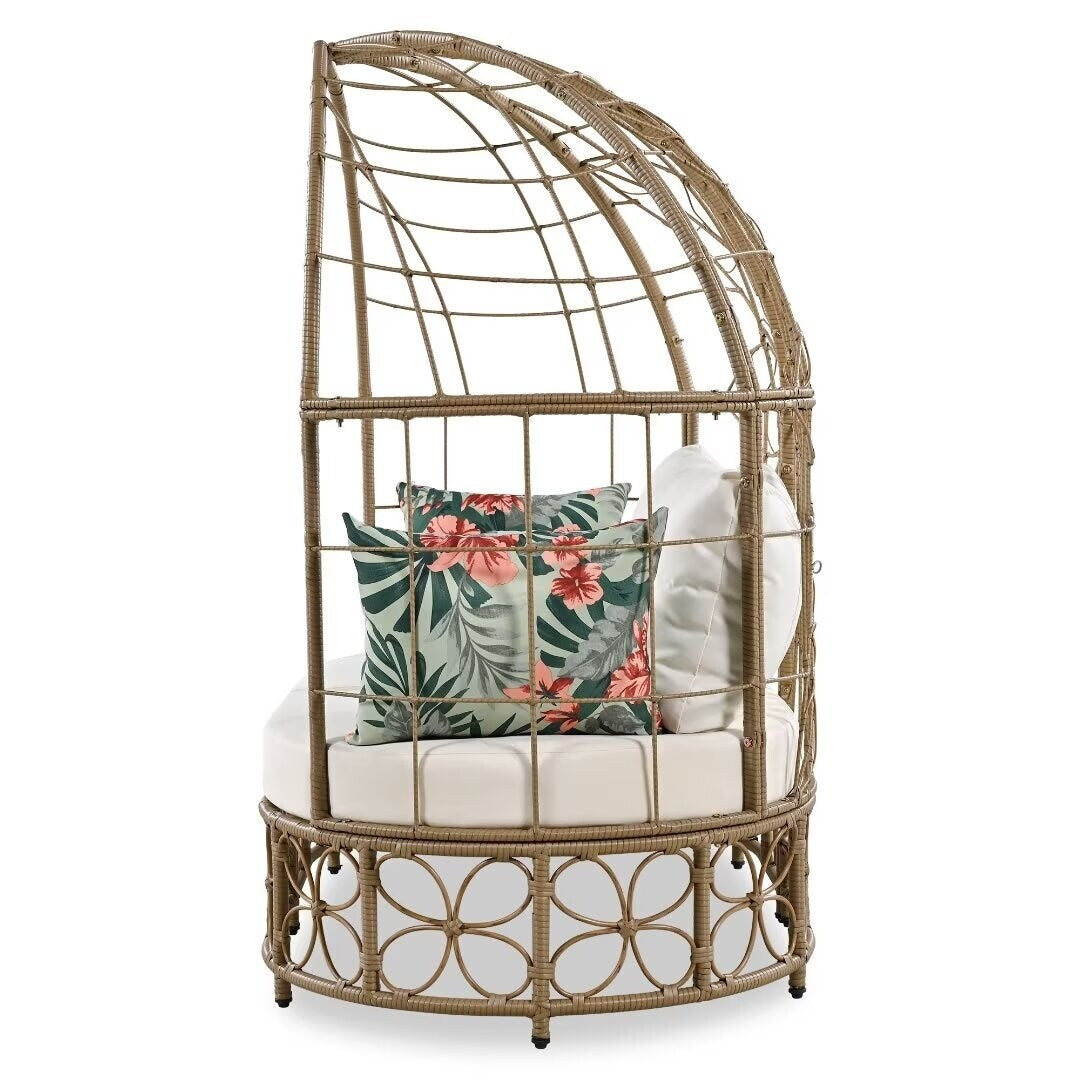 Outdoor Sunbed with Colorful Pillows,with Curtain,Natural Wicker - 59.8"*57.1"*33.5"