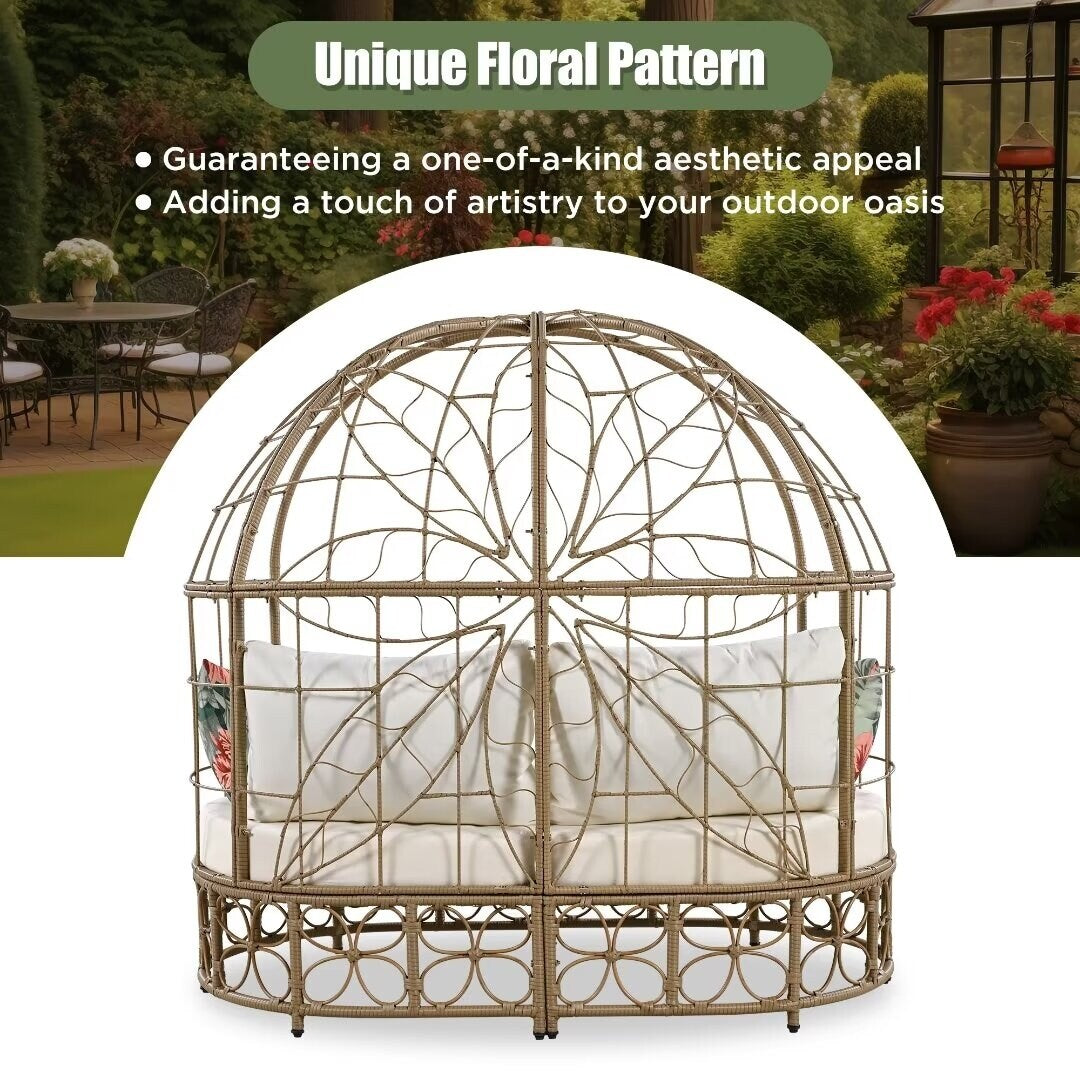 Outdoor Sunbed with Colorful Pillows,with Curtain,Natural Wicker - 59.8"*57.1"*33.5"