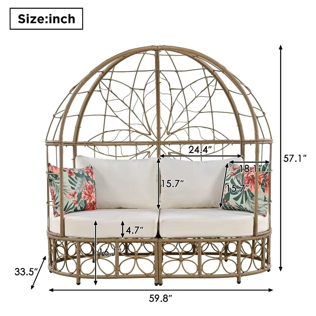 Outdoor Sunbed with Colorful Pillows,with Curtain,Natural Wicker - 59.8"*57.1"*33.5"
