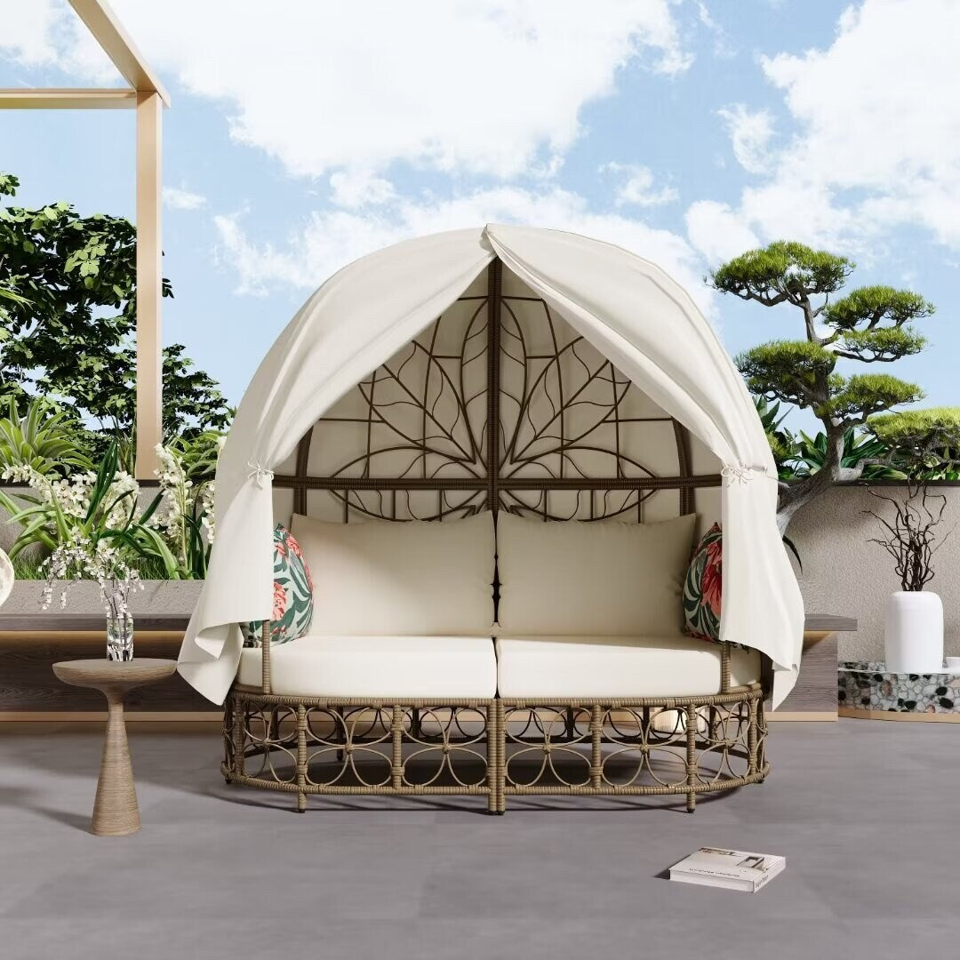 Outdoor Sunbed with Colorful Pillows,with Curtain,Natural Wicker - 59.8"*57.1"*33.5"