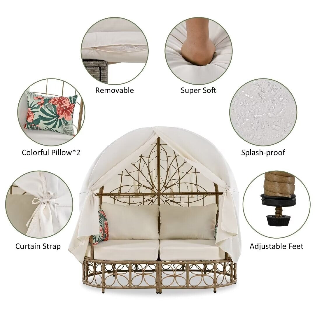 Outdoor Sunbed with Colorful Pillows,with Curtain,Natural Wicker - 59.8"*57.1"*33.5"