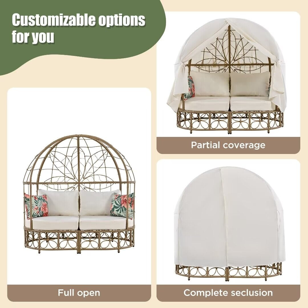 Outdoor Sunbed with Colorful Pillows,with Curtain,Natural Wicker - 59.8"*57.1"*33.5"
