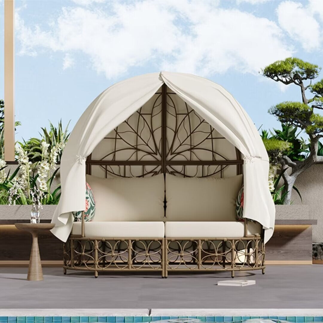 Outdoor Sunbed with Colorful Pillows,with Curtain,Natural Wicker - 59.8"*57.1"*33.5"