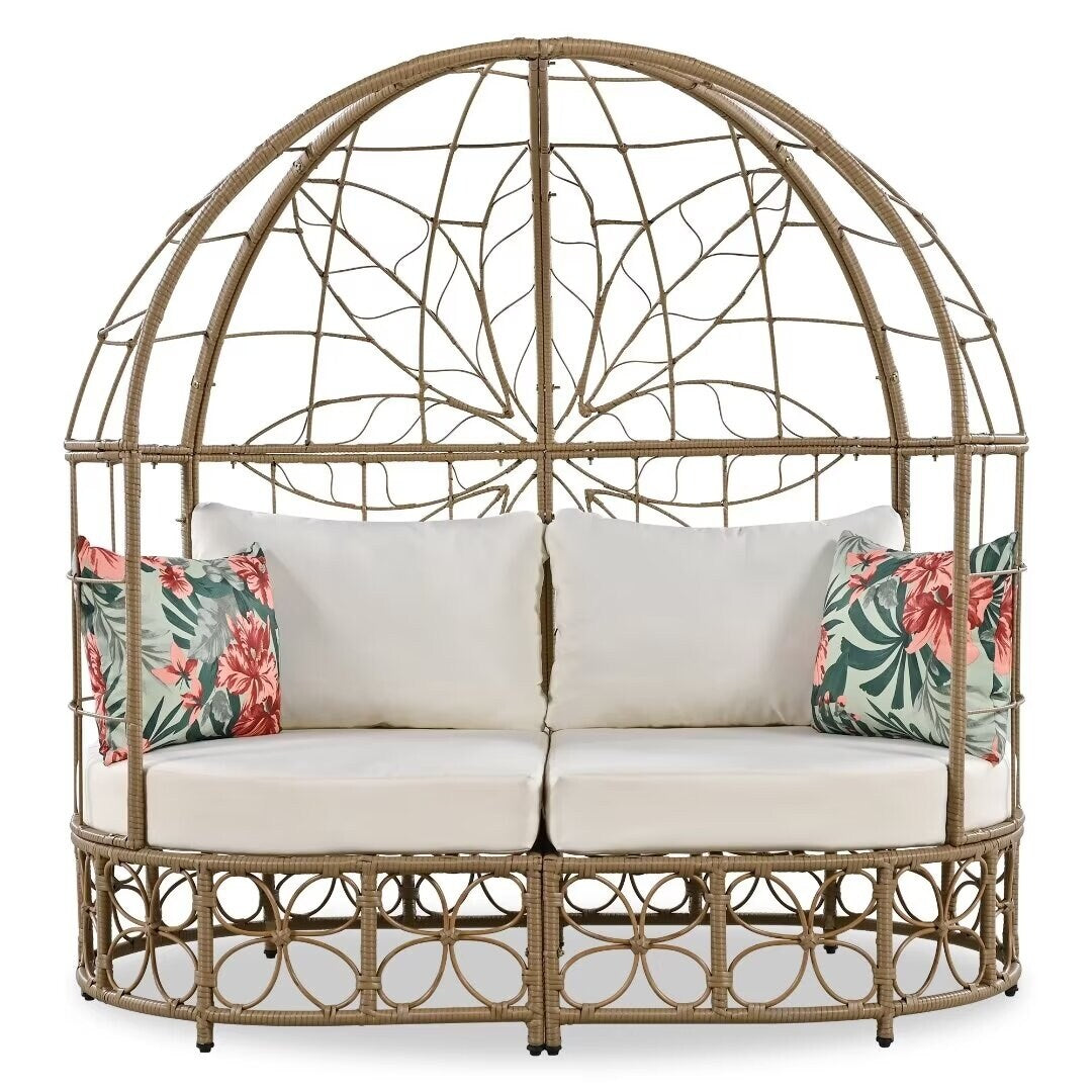 Outdoor Sunbed with Colorful Pillows,with Curtain,Natural Wicker - 59.8"*57.1"*33.5"